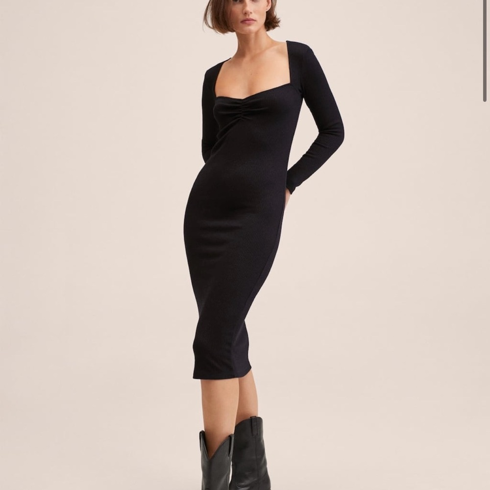 MANGO Sweetheart Square Neck Ribbed Knit Midi Dress
